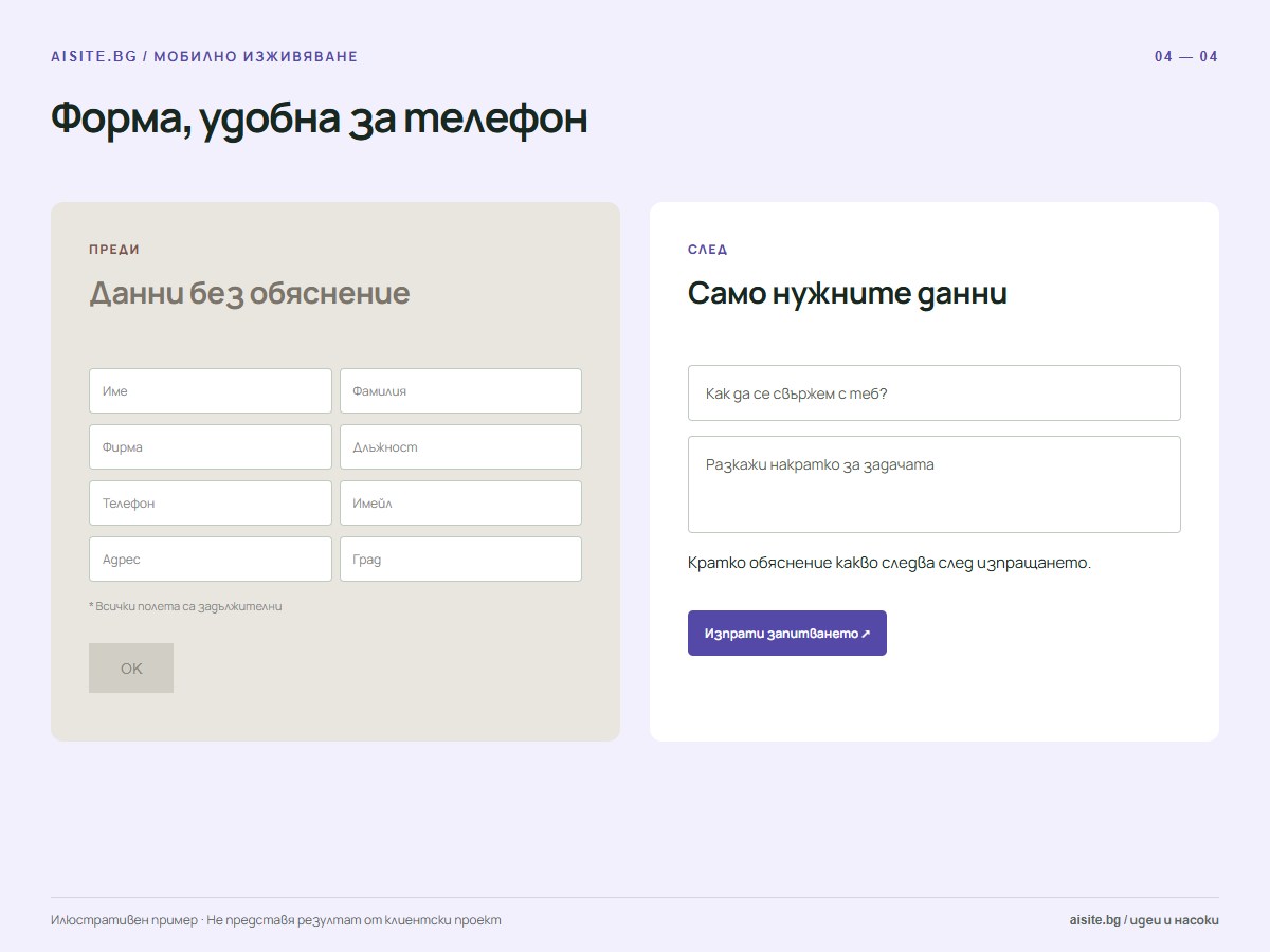 Форма, удобна за телефон. Данни без обяснение; Само нужните данни.