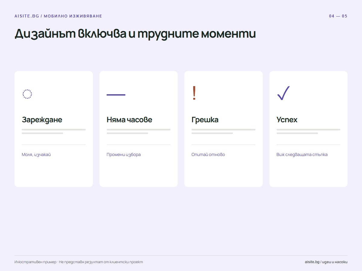 Дизайнът включва и трудните моменти. Зареждане, Няма часове, Грешка, Успех.
