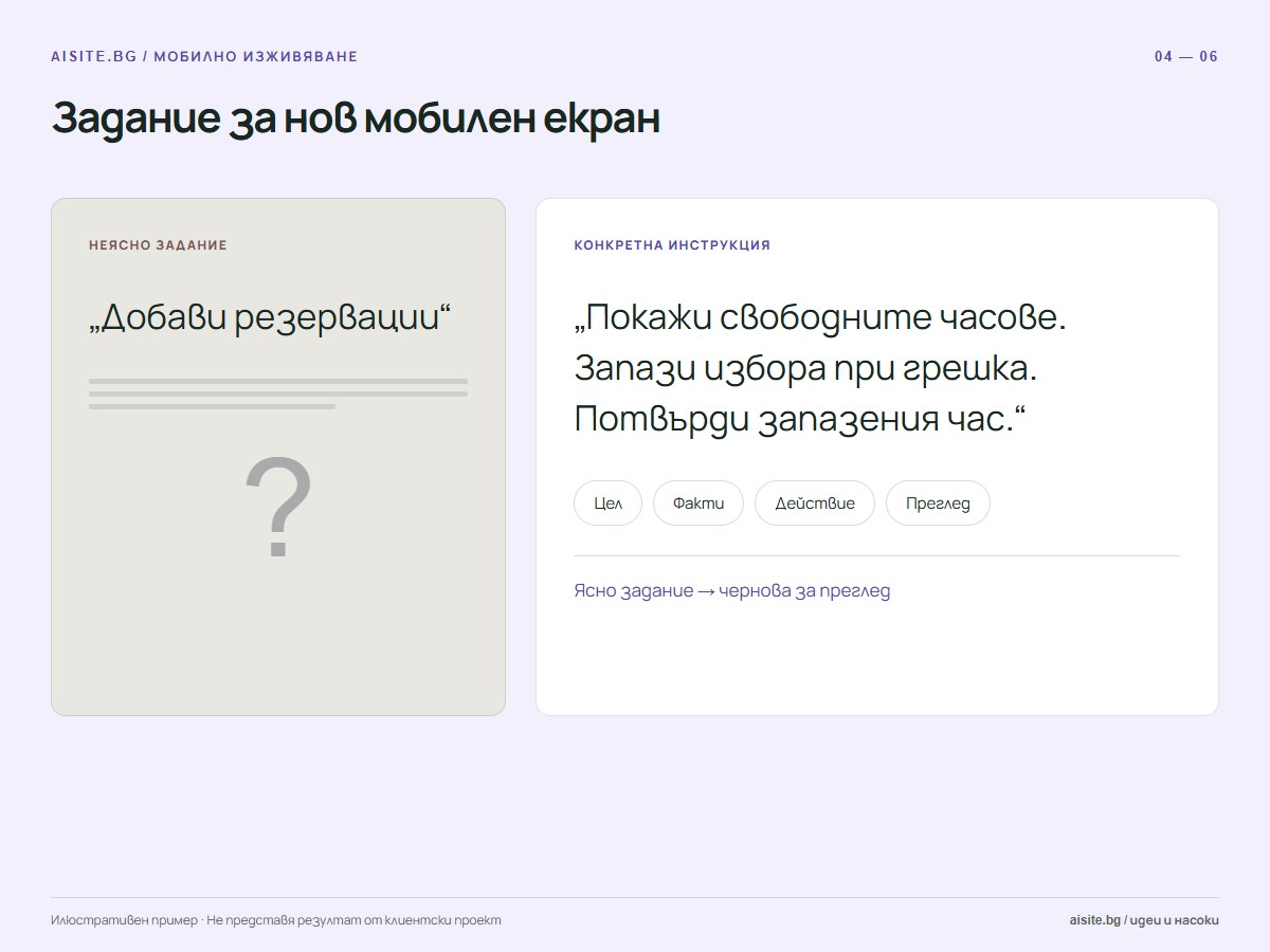Задание за нов мобилен екран. Добави резервации; Покажи свободните часове. Запази избора при грешка. Потвърди запазения час.