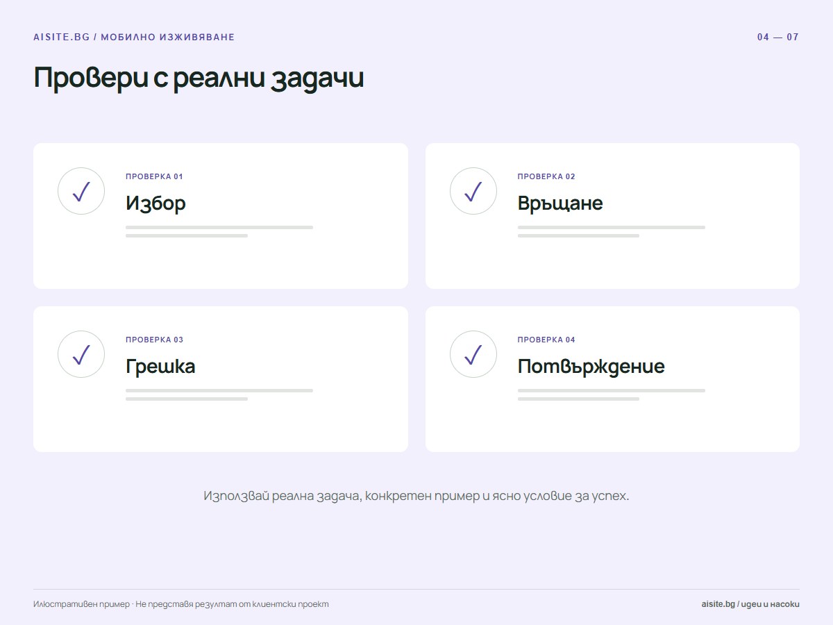 Провери с реални задачи. Избор, Връщане, Грешка, Потвърждение.