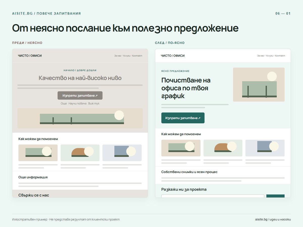 От неясно послание към полезно предложение. Качество на най-високо ниво; Почистване на офиса по твоя график.
