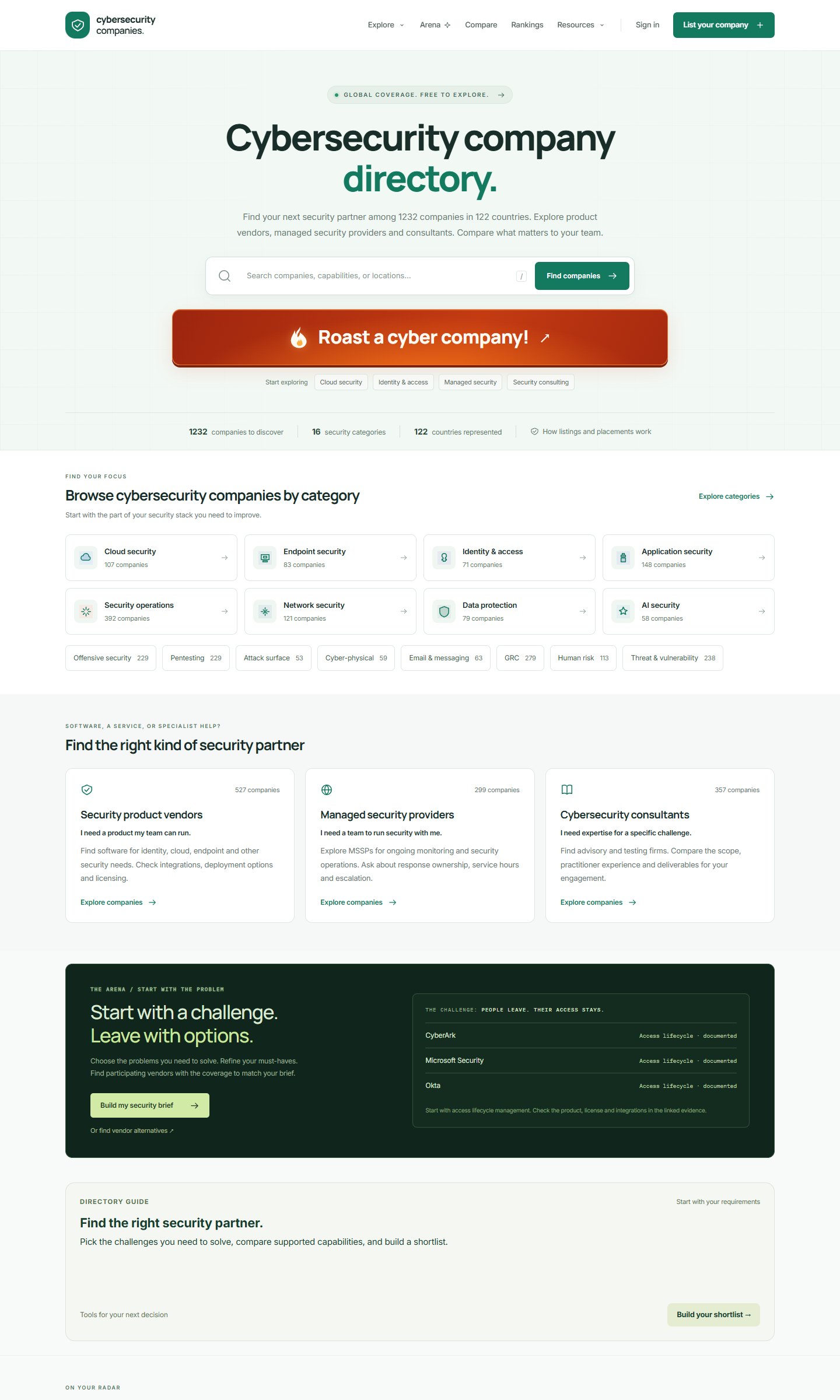 Cybersecurity Companies — изглед на публичния сайт cybersecuritycompanies.io