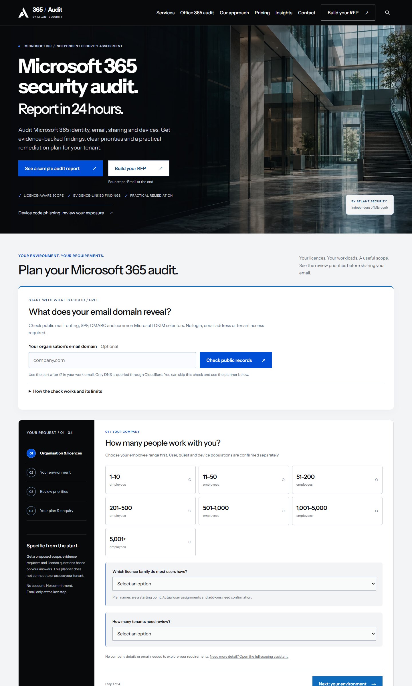 Microsoft 365 Security Audit — изглед на публичния сайт ms365securityaudit.com